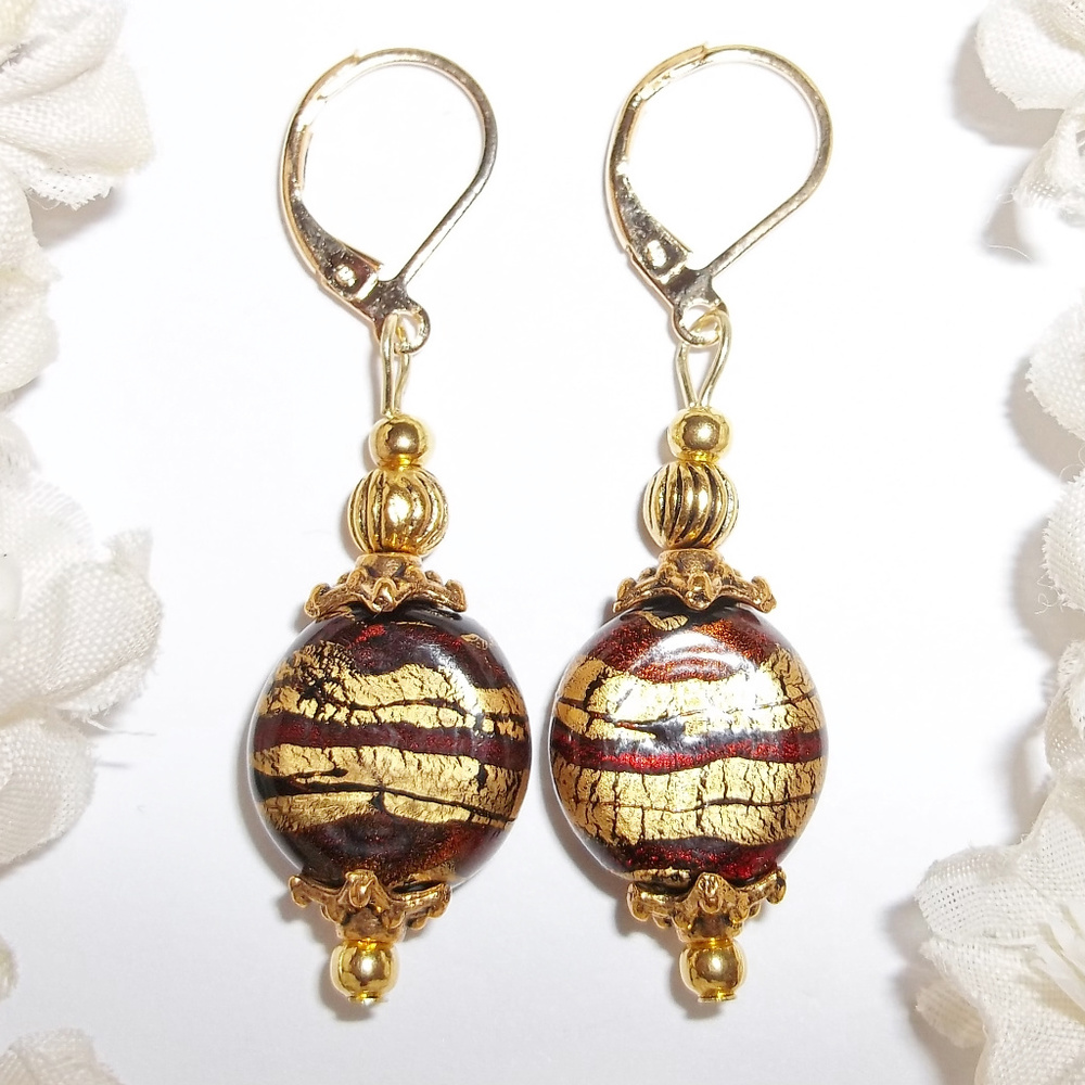 Handmade Orange & Gold Glass Earrings Beaded 5022